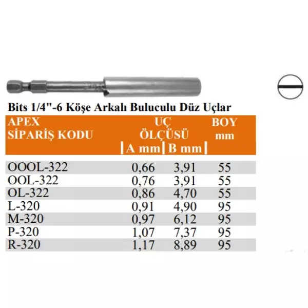 Apex 1/4" 6 Köşe Arkalı Buluculu Düz Uçlar