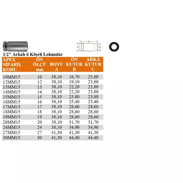 Apex 1/2" Arkalı 6 Köşeli Lokma