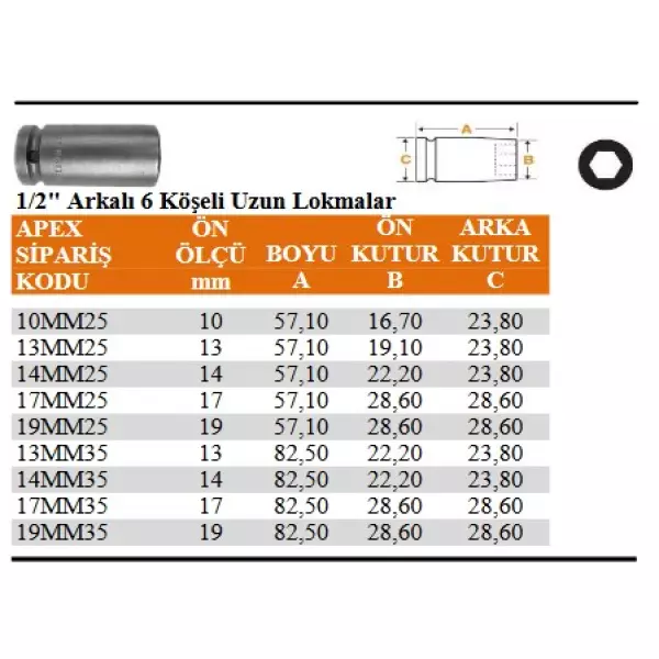 Apex 1/2" Arkalı 6 Köşeli Uzun Lokma