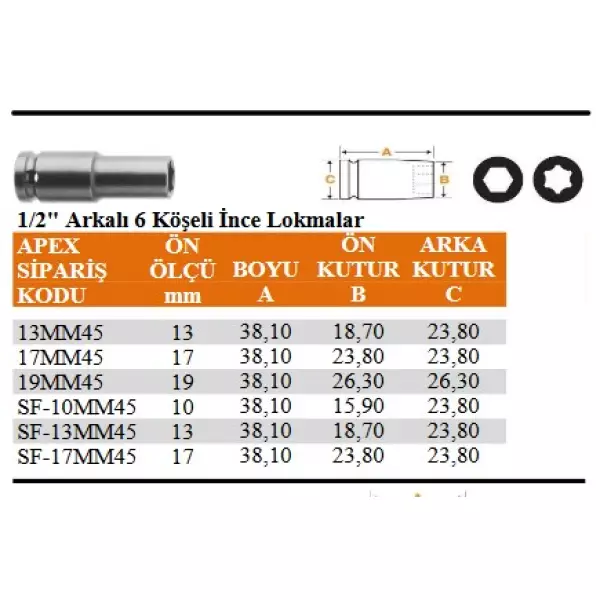 Apex 1/2" Arkalı 6 Köşeli İnce Lokma