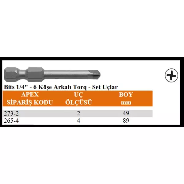 Apex 1/4" 6 Köşe Arkalı Torq Set Uç 49-89mm