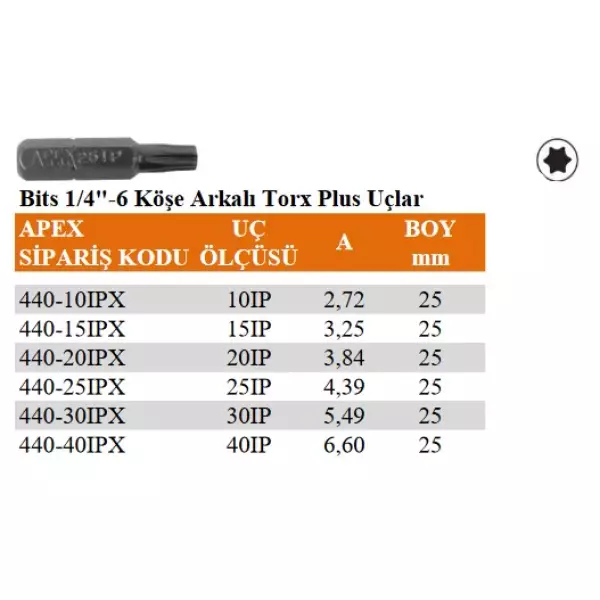 Apex 1/4" 6 Köşe Arkalı Torx Plus Uç 25mm