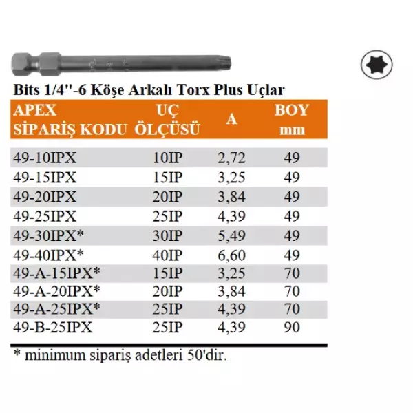 Apex 1/4" 6 Köşe Arkalı Torx Plus Uç 49-90mm