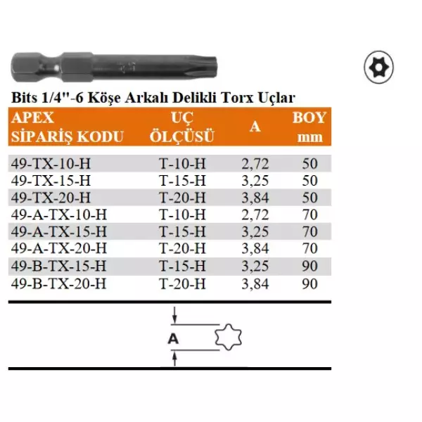 Apex 1/4" 6 Köşe Arkalı Delikli Torx Uç 50-90mm