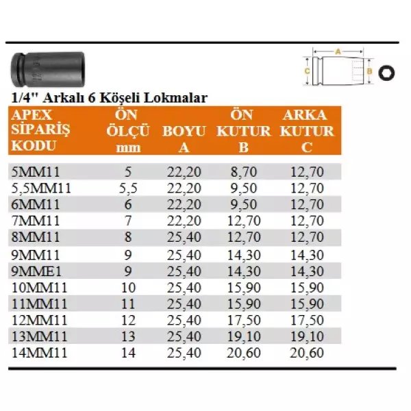 Apex 1/4" Arkalı 6 Köşeli Lokma