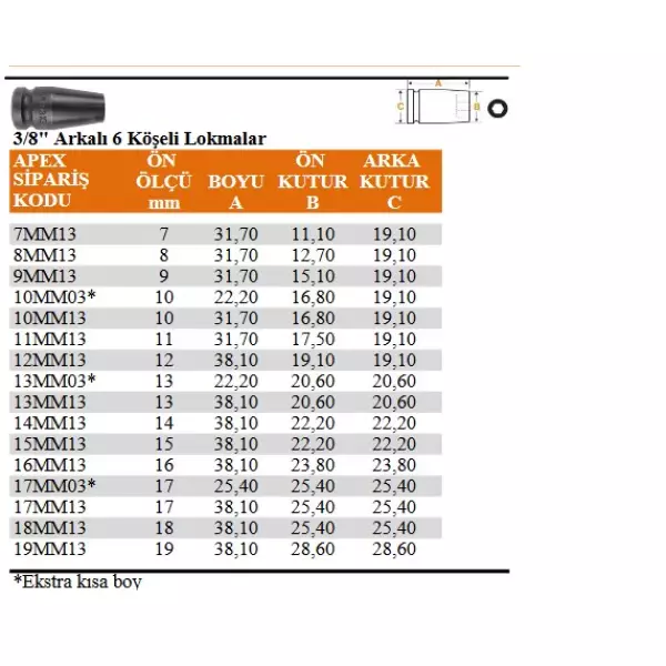 Apex 3/8" Arkalı 6 Köşeli Lokma