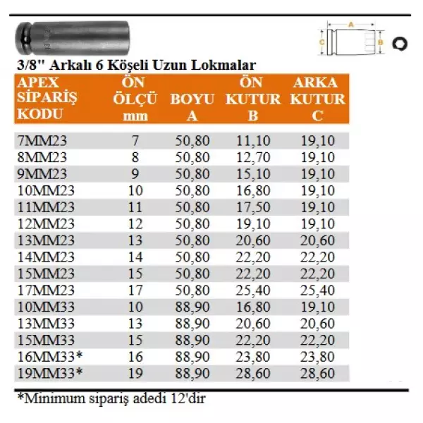 Apex 3/8" Arkalı 6 Köşeli Uzun Lokma