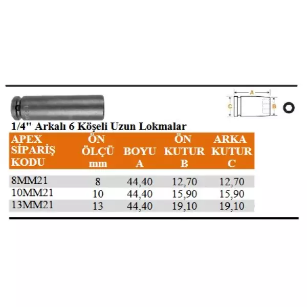 Apex 1/4" Arkalı 6 Köşeli Uzun Lokma
