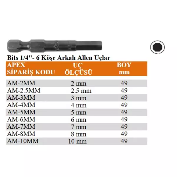 Apex 1/4" 6 Köşe Arkalı Allen Uç 49mm