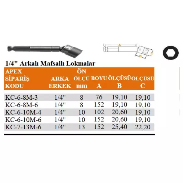 Apex 1/4" Arkalı Mafsallı Lokma