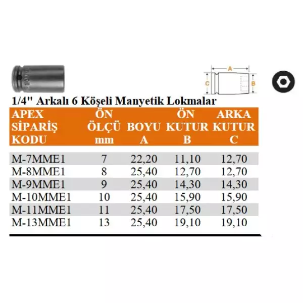 Apex 1/4" Arkalı 6 Köşeli Manyetik Lokma