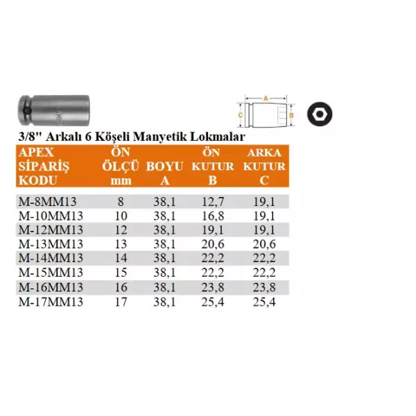 Apex 3/8" Arkalı 6 Köşeli Manyetik Lokma