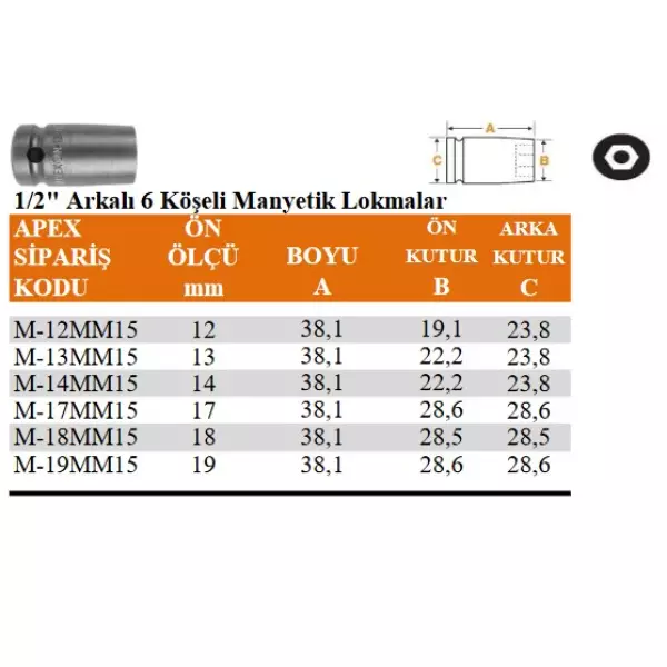 Apex 1/2" Arkalı 6 Köşeli Manyetik Lokma
