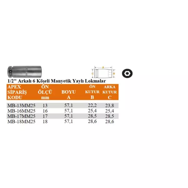 Apex 1/2" Arkalı 6 Köşeli Manyetik Yaylı Lokma