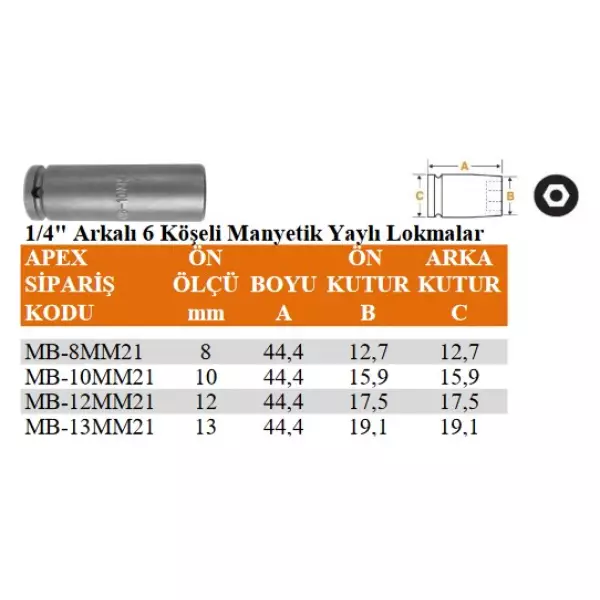 Apex 1/4" Arkalı 6 Köşeli Manyetik Yaylı Lokma