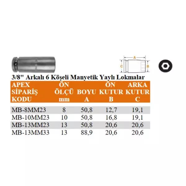 Apex 3/8" Arkalı 6 Köşeli Manyetik Yaylı Lokma