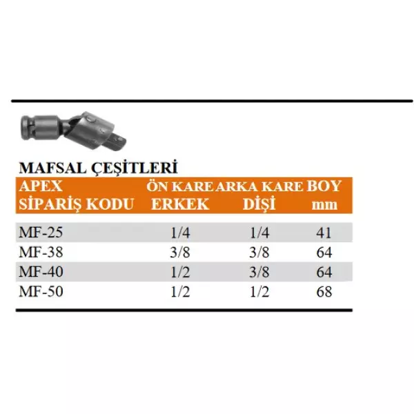 Apex 3/8", 1/2" Dişi Arkalı Mafsallı Lokma