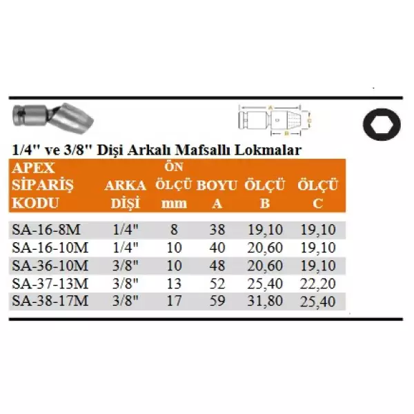 Apex 1/4", 3/8" Dişi Arkalı Mafsallı Lokma