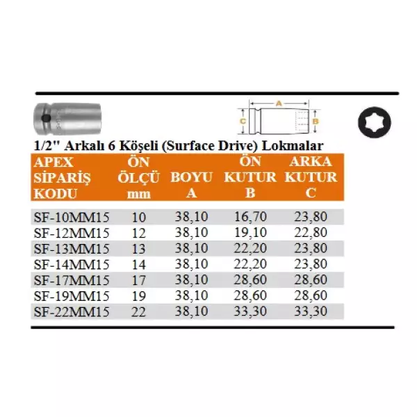 Apex 1/2" Arkalı 6 Köşeli Surface Drive Lokma