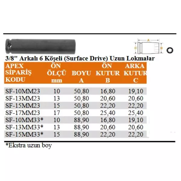 Apex 3/8" Arkalı 6 Köşeli Surface Drive Uzun Lokma