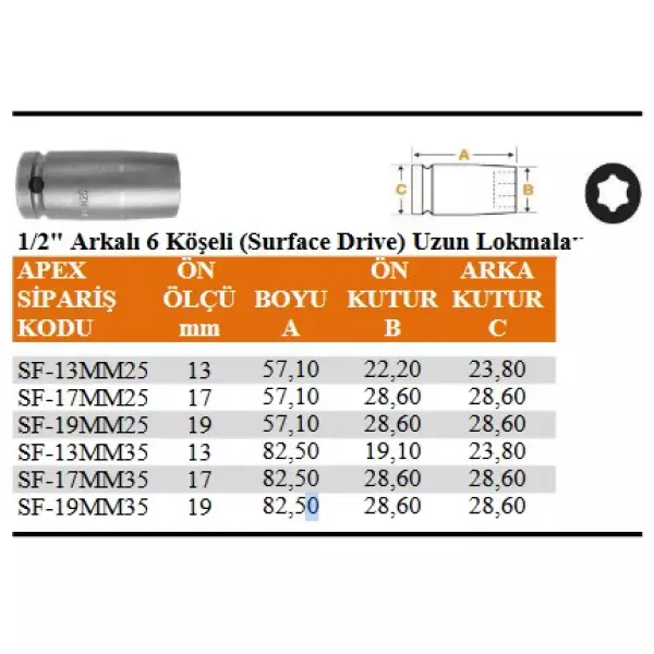 Apex 1/2" Arkalı 6 Köşeli Surface Drive Uzun Lokma