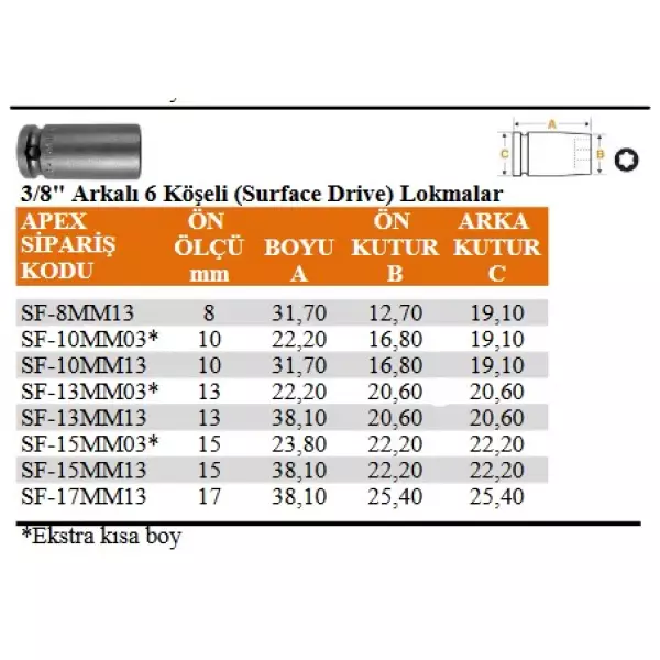 Apex 3/8" Arkalı 6 Köşeli Surface Drive Lokma