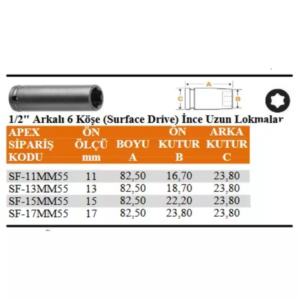 Apex 1/2" Arkalı 6 Köşe Surface Drive İnce Uzun Lokma