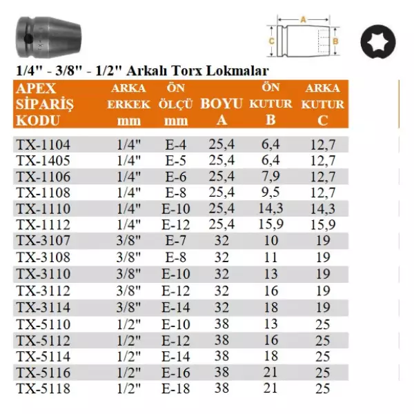 Apex 1/4", 3/8", 1/2" Dörtköşe Arkalı Torx Lokma
