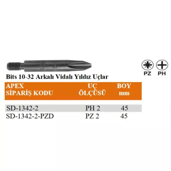 Apex 10-32 Arkalı Vidalı Yıldız Uçlar 45mm PH2- PZ2